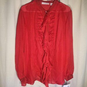 NWT Sag Harbor Red Sheer Ruffle Button Down Top